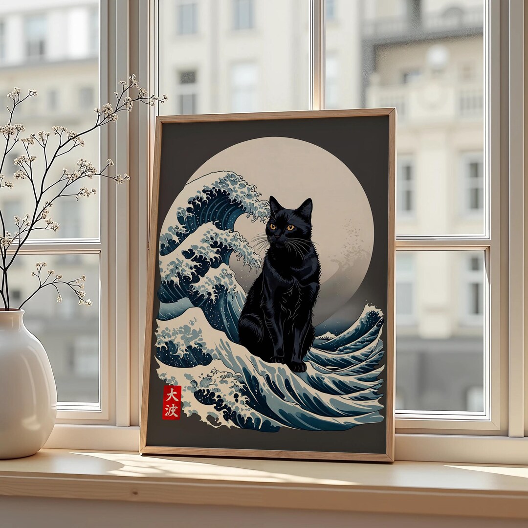 Japanese Black Cat Wave Print – Moonlight Ukiyo-e Art | Zen Ocean ...