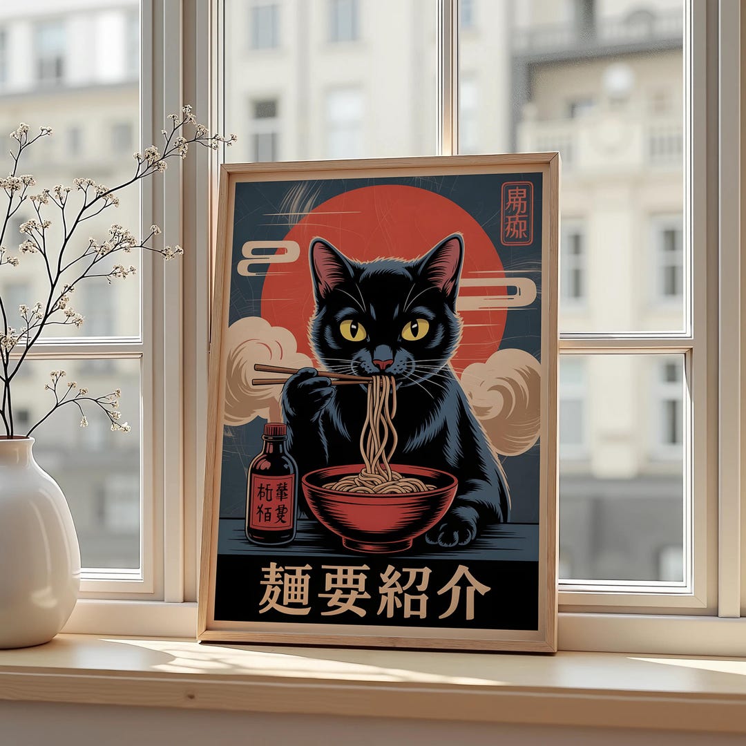 Japanese Ramen Cat Poster: Funny Asian Kitchen Wall Art - Etsy