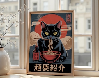 Japanese Ramen Cat Poster: Funny Asian Kitchen Wall Art