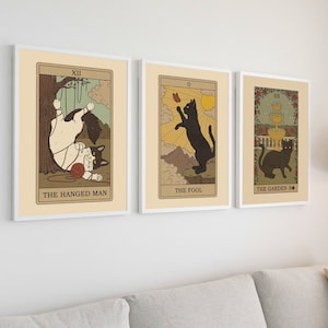 3er Set Katzen-Tarot-Kartendrucke | Boho Witchy Wandkunst | Katze Wand Kunst | Tarot Katzen-Liebhaber-Geschenke