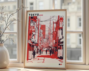 Tokyo Street Poster Japanese City Art Red Minimal Wall Decor