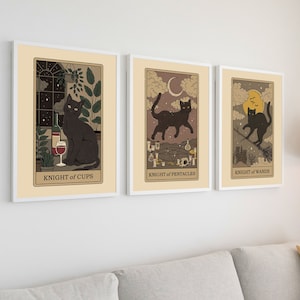 3er Set Katzen-Tarot-Kartendrucke | Boho Witchy Wandkunst | Katze Wand Kunst | Tarot Katzen-Liebhaber-Geschenke