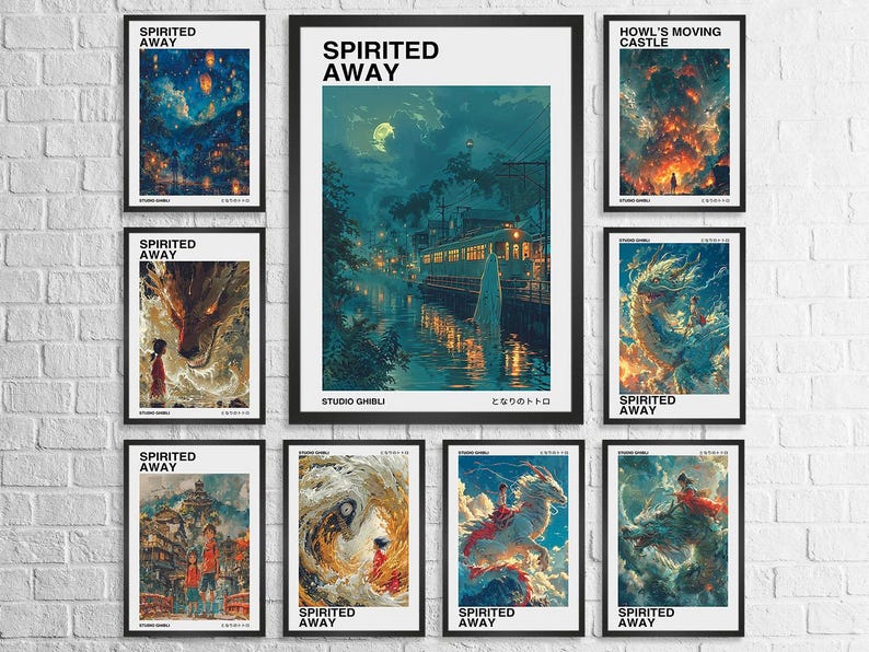 May include: A set of 10 framed posters featuring scenes from the animated film Spirited Away. The posters are all black framed with white mats and feature different scenes from the film, including the No Face character, the train station, and the bathhouse.
