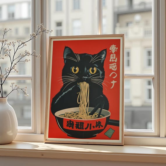 Japanese Ramen Cat Poster Ukiyo-e Style Black Cat Noodle Art Print