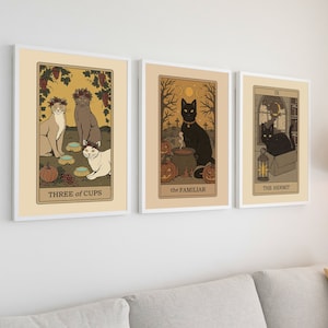 Conjunto de 3 impressões de cartas de tarô de gato | Arte de parede de bruxa boho | Arte de parede de gato | Presentes para amantes de gatos de tarô