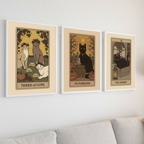 Set of 3 Tarot Poster Three of Cups Cat Tarot Print The Familiar Cat Tarot Poster The HermitTarot Card Print Cat Lover Gift