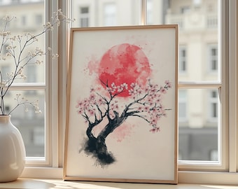 Cherry Blossom Tree Japanese Art Print Sakura Sun Minimal Zen Wall Decor