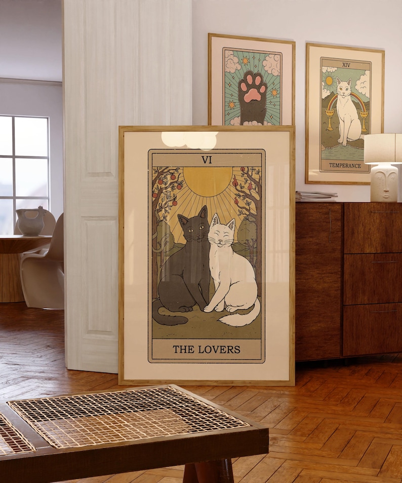 the-lovers-cat-tarot-poster-romantic-tarot-wall-art-etsy