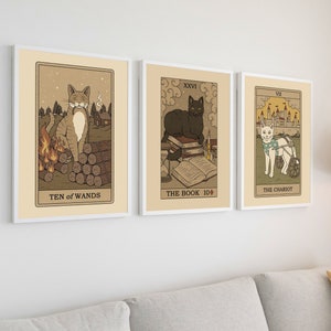 3er Set Katzen-Tarot-Kartendrucke | Boho Witchy Wandkunst | Katze Wand Kunst | Tarot Katzen-Liebhaber-Geschenke