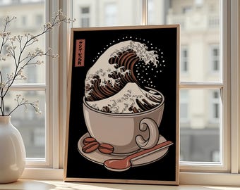 Può includere: Stampa artistica incorniciata raffigurante una tazza di caffè con un motivo a onda. L'onda è marrone e bianca, nello stile de "La grande onda di Kanagawa" di Hokusai. La stampa include un piattino, un cucchiaio e chicchi di caffè.