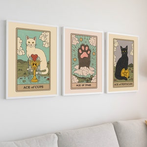 Conjunto de 3 impressões de cartas de tarô de gato | Arte de parede de bruxa boho | Arte de parede de gato | Presentes para amantes de gatos de tarô