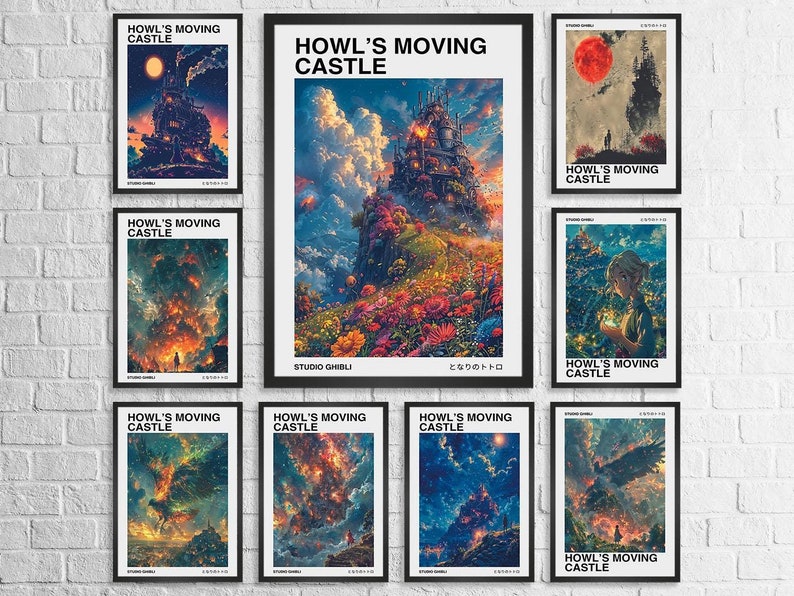 May include: A collection of framed art prints featuring scenes from "Howl's Moving Castle." The prints showcase vibrant, colorful illustrations of the castle, landscapes, and characters. Each print has the title "HOWL'S MOVING CASTLE" in white text against a dark background.