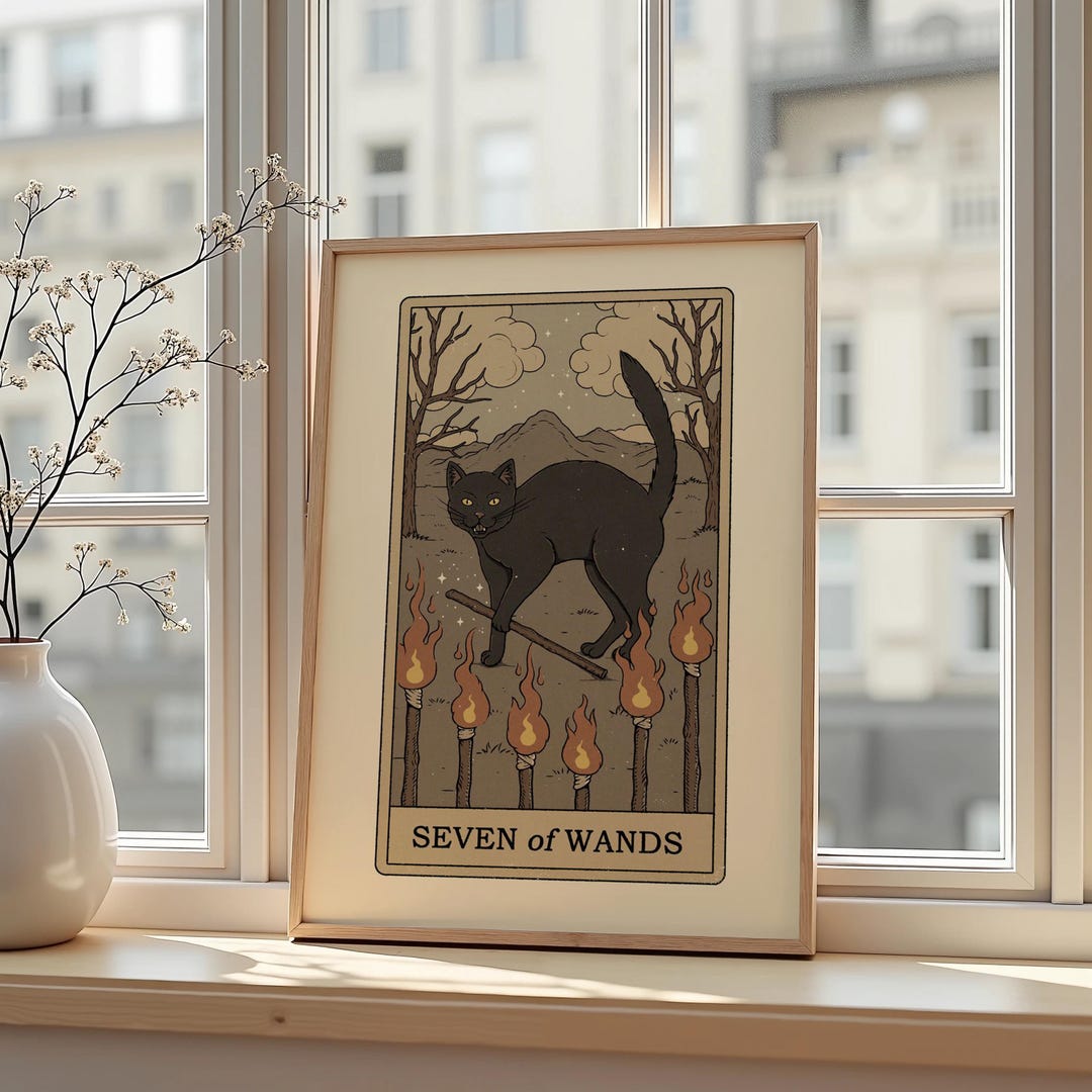 Seven of Wands Cat Tarot Poster – Black Cat Courage Artwork for