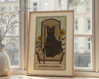 Queen of Wands Cat Tarot Poster – Confident Black Cat Illustration for Witchy Boho Decor