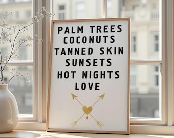 Summer Vibes Print: Boho Beach Palm Trees, Coconuts, Sunset