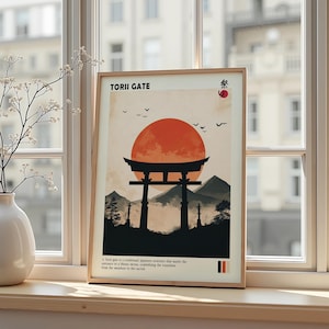 Può includere: Stampa artistica incorniciata con la silhouette di un cancello Torii giapponese contro un tramonto. L'opera d'arte include il testo "TORII GATE" e caratteri giapponesi, con una descrizione in basso. La tavolozza dei colori comprende arancione, nero e beige.