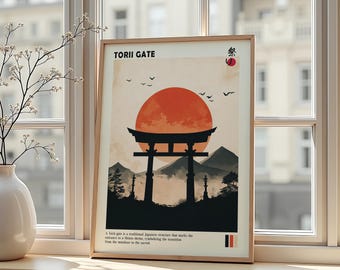Plakat z bramą torii, japońska świątynia, zachód słońca, sztuka ścienna