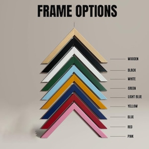 May include: Image displaying a variety of frame options. The text "FRAME OPTIONS" is at the top. The frames are arranged in a chevron pattern, showcasing colors like wood, black, white, green, light blue, yellow, blue, red, and pink.