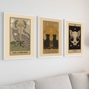 Conjunto de 3 impressões de cartas de tarô de gato | Arte de parede de bruxa boho | Arte de parede de gato | Presentes para amantes de gatos de tarô