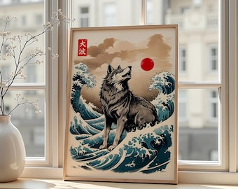 Japanese Wolf Wave Print – Moonlight Ukiyo-e Wall Art | Spirit Animal Poster