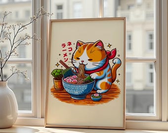 Kawaii Ramen Cat Poster: Anime Kitchen Wall Art