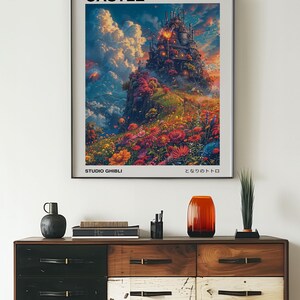 May include: A framed poster featuring the animated film "Howl's Moving Castle." The artwork depicts a fantastical castle amidst colorful flowers and a vibrant sky. The poster includes the text "HOWL'S MOVING CASTLE" and "STUDIO GHIBLI."