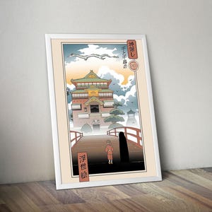 Puede incluir: Una impresi&oacute;n art&iacute;stica enmarcada con una ilustraci&oacute;n japonesa. La imagen muestra un edificio, un puente y una persona, con texto japon&eacute;s. La paleta de colores incluye tonos de naranja, azul y beige.