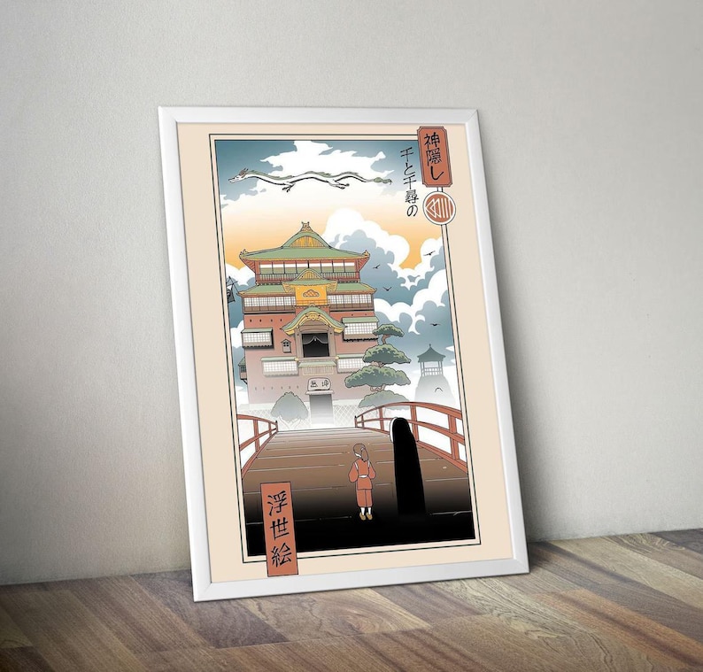 Puede incluir: Una impresi&oacute;n art&iacute;stica enmarcada con una ilustraci&oacute;n japonesa. La imagen muestra un edificio, un puente y una persona, con texto japon&eacute;s. La paleta de colores incluye tonos de naranja, azul y beige.
