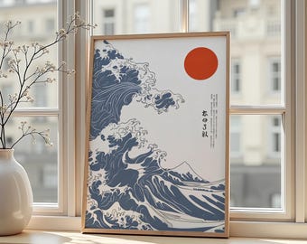 Japanese Wave Poster, Japanese Art Print, Red Sun Wall Art, Asian