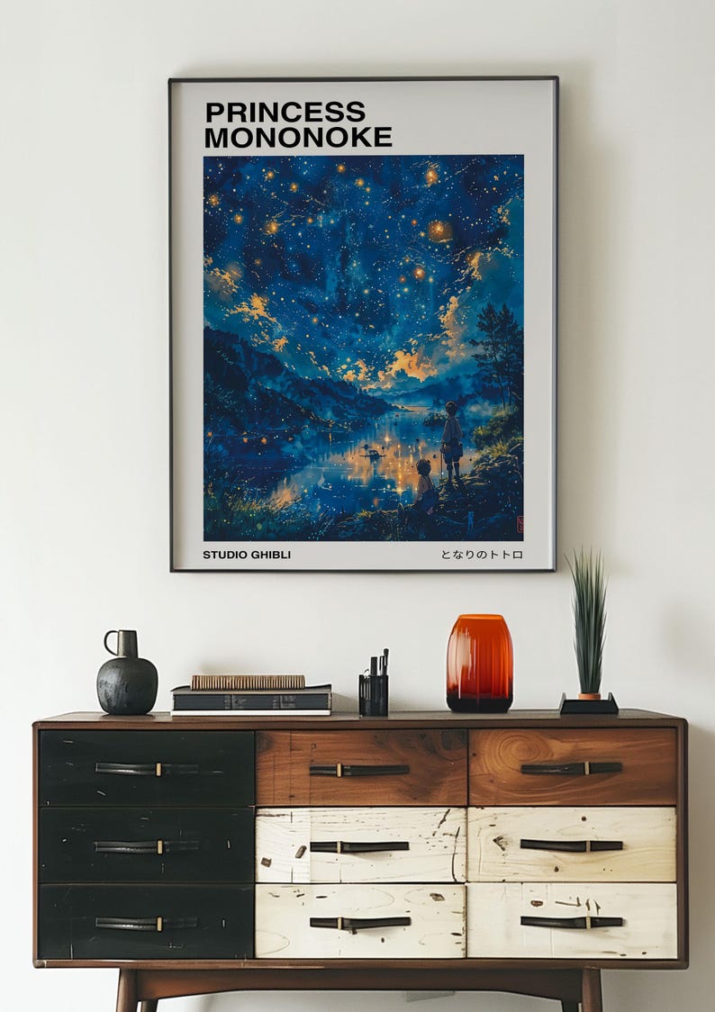 May include: A framed poster of the Studio Ghibli film "Princess Mononoke" with a night sky scene and the Japanese text "もののけ姫" (Mononoke Hime).
