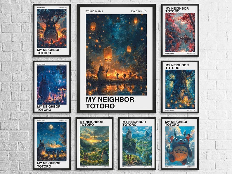 May include: A set of 10 framed prints featuring scenes from the animated film My Neighbor Totoro. The prints are all in a black frame with a white mat and feature different scenes from the film, including Totoro in the forest, Totoro flying through the air, and Totoro with the two sisters. The prints are all titled "My Neighbor Totoro" and feature the Studio Ghibli logo.