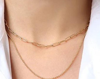 18K Gold Link Chain Necklace Set • Gold double Layering Necklaces • Thin Chain Necklace Set • Herringbone Chain • Tarnish Free