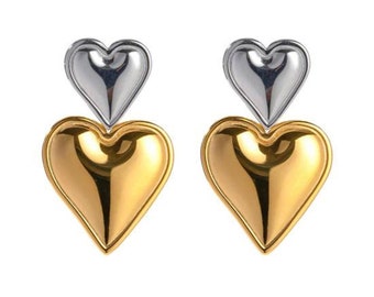 Pendientes de plata y oro de doble corazón - Pendientes colgantes inspirados en el amor para mujer, regalo elegante para ella, joyería chic de moda