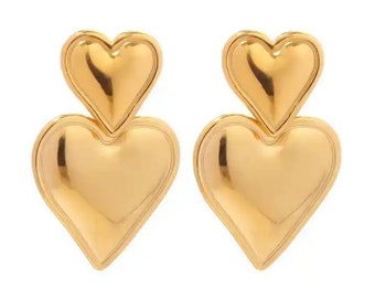 Pendientes de oro de doble corazón - Pendientes colgantes inspirados en el amor para mujer, regalo elegante para ella, joyería chic de moda