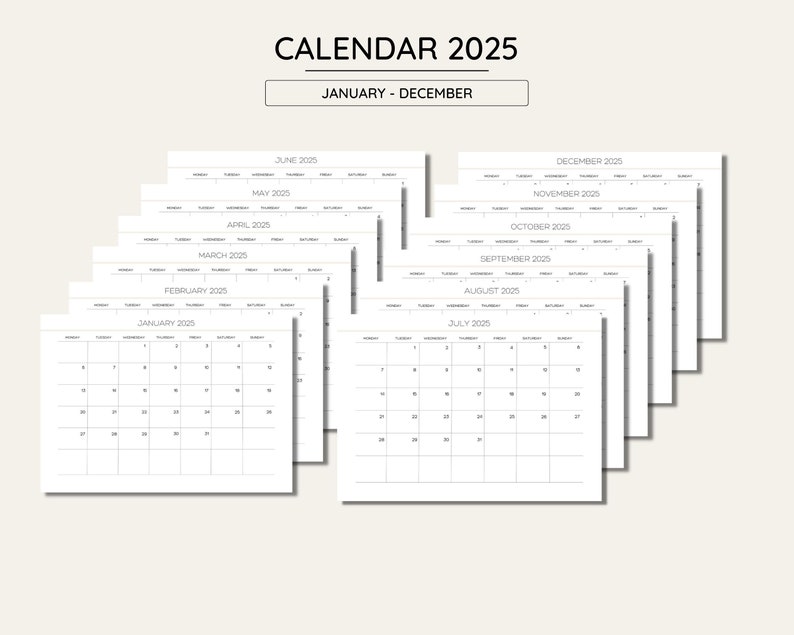 2025 Printable Calendar Landscape Minimalist Monthly Calendar Etsy