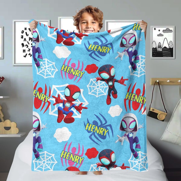 Personalized Spider Hero And Friends Blanket, Supehero Blanket, Animated Hero Blanket, Custom Name Fleece Blanket, Hero Cartoon Quilt RE