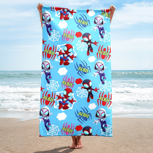 Personalized Spider Hero And Friends Beach Towels, Supehero Beach Towel, Animated Hero Beach Towel, Custom Name Family Cruise Trip Towel
