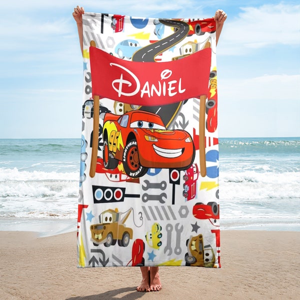 Personalized Car World Beach Towels, Custom Name Red Racing Car Beach Towel, Red Car And Friends Towel, Car Racing Lover Movie Towel