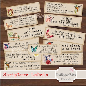 May include: A collection of printable scripture labels with various Bible verses, floral and butterfly illustrations. The labels feature phrases like "God will renew your Strength" and "Under his wings, I will find refuge."