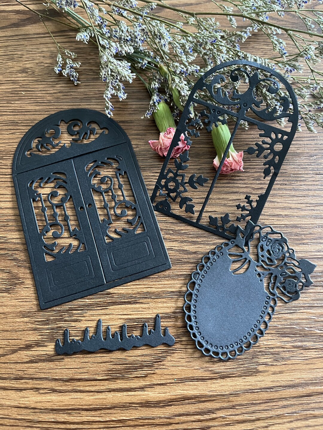 Set of 3 Die Cut Paper, Arched Open Window, Rose Frame, Paper Die Cuts