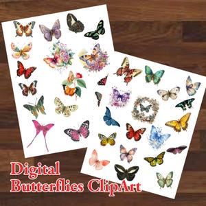 Butterfly Clip Art,  35 Butterflies Digital Bundle, Digital Collage Sheet Butterflies, Transparent Background, Watercolor Butterflies,