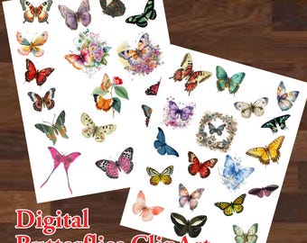 Butterfly Clip Art,  35 Butterflies Digital Bundle, Digital Collage Sheet Butterflies, Transparent Background, Watercolor Butterflies,