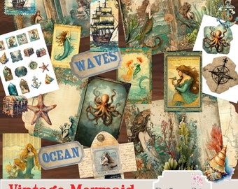 Antique Mermaid Junk Journal Kit, Nautical Ephemera (Digital Download)