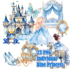 Imágenes prediseñadas de princesa de acuarela, princesa azul, imágenes prediseñadas de Cenicienta, imágenes prediseñadas de cuento de hadas, gráficos de princesa, castillo de princesa PNG, descarga digital