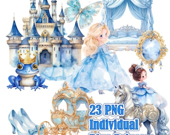 Può includere: Un set di 23 immagini PNG individuali con un tema da principessa blu. Le immagini includono un castello, una carrozza, una rana, una farfalla, un letto, uno specchio, una principessa, un cavallo e scarpette di vetro. Il testo "23 PNG Individual Blue Princess" è incluso anche nell'immagine.
