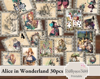 Selos de Alice no País das Maravilhas, Recortes Vintage de Material Impresso (Download Digital)