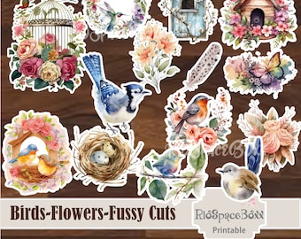 Journal Fussy Cut, Scrapbook, Fussy Cut Bird Houses, Flowers, Junk Journal, Scrapbooking Ephemera, Digital Download,