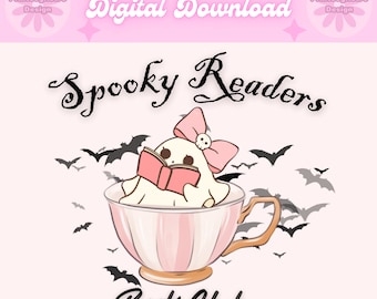 Spookachtige lezers boekenclub png, schattig spookshirtontwerp, retro halloween png, halloween spook png, coquette ghost png, herfst png, spook svg