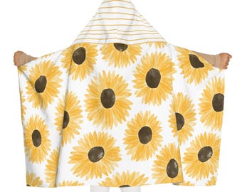 Hooded Towel, Cute Sunflower Pattern with Striped Hood, Kids Bath Towel, Beach Towel, Pool Towel, Baby Shower Gift, Summer Accessories