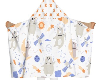 Space Bears Youth Hooded Towel, Kids Bath Towel, Children's Beach Towel, Cute Animal Print, Galaxy Bear Design